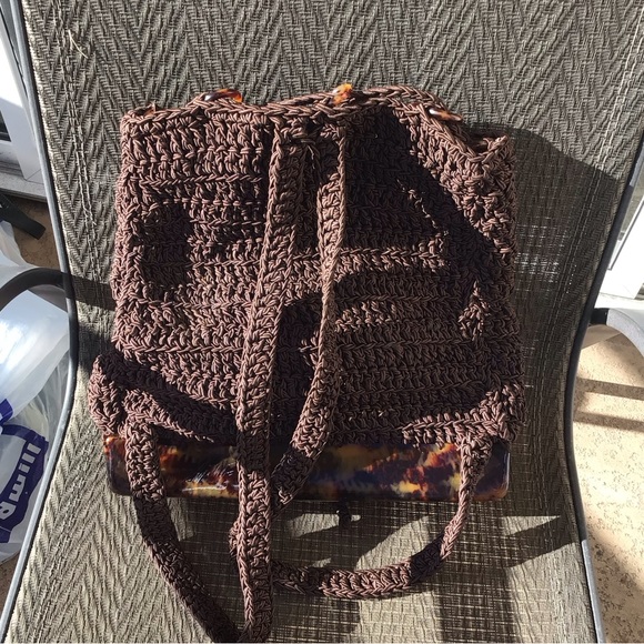 Carrie Forbes Brown Macrame Crochet Woven Tortoise Shell Backpack - Picture 9 of 12